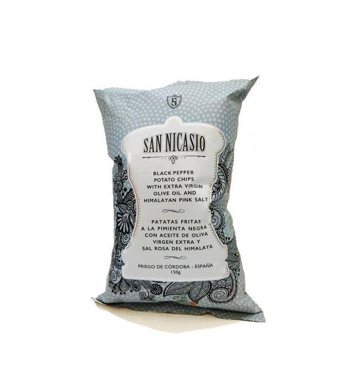 Spanische Kartoffelchips mit schwarzem Pfeffer, Olivenöl und Himalayasalz San Nicasio 150 gr